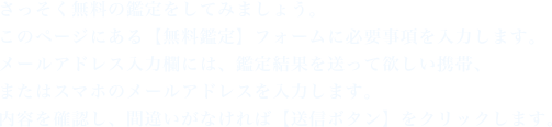 さっそく無料の鑑定をしてみましょう。
          このページにある【無料鑑定】フォームに必要事項を入力します。  
          メールアドレス入力欄には、鑑定結果を送って欲しい携帯、
          またはスマホのメールアドレスを入力します。
          内容を確認し、間違いがなければ【送信ボタン】をクリックします。