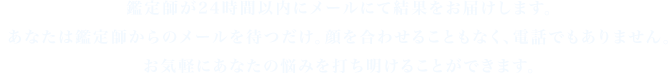鑑定師が24時間以内にメールにて結果をお届けします。あなたは鑑定師からのメールを待つだけ。顔を合わせることもなく、電話でもありません。お気軽にあなたの悩みを打ち明けることができます。